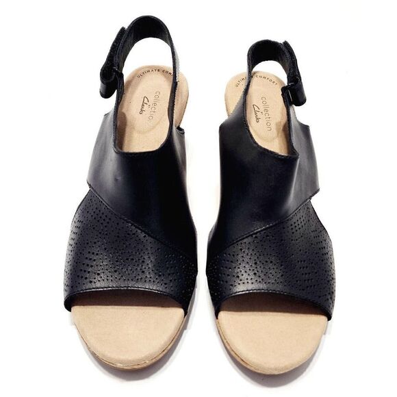 Clarks Lafley Joy New Women's Black Leather Wedge Comfort Sandal Size 10 Wide - Picture 5 of 10